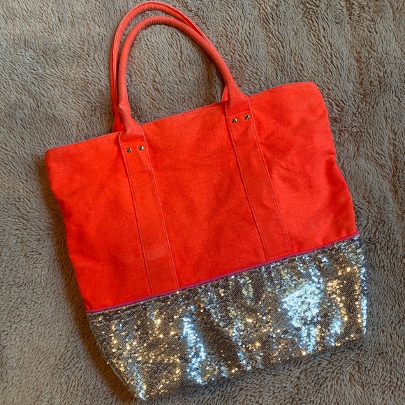 Deux Lux Bright Orange Sequined Beach School College Shoulder Bag - Picture 1 of 11